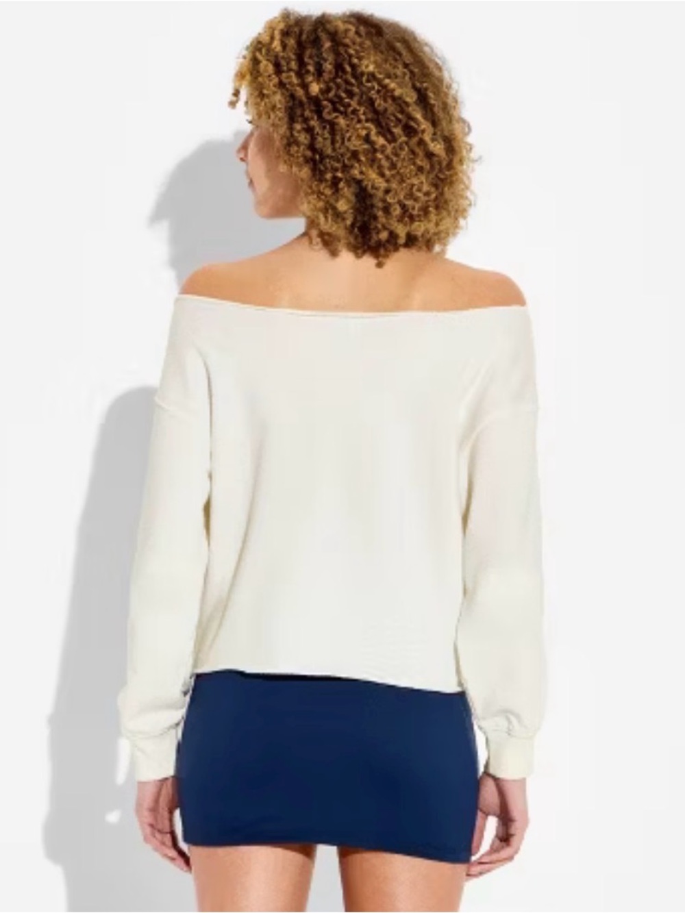 Women’s Off The Shoulder Long Sleeve Pullover Sweatshirt- Cream M - Picture 2 of 8
